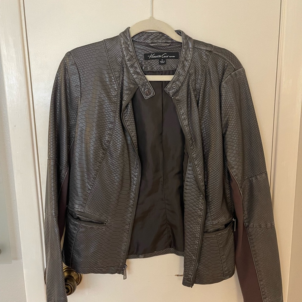 Kenneth Cole Textured Gray Faux Leather Jacket